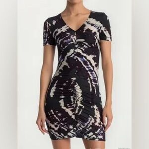 Material Girl (Nordstrom) Black & White Tie-Dye V-Neck Ruched Bodycon Mini Dress